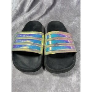 Adidas Adilette Slides Women's 7 Iridescent Holographic Black Sandals